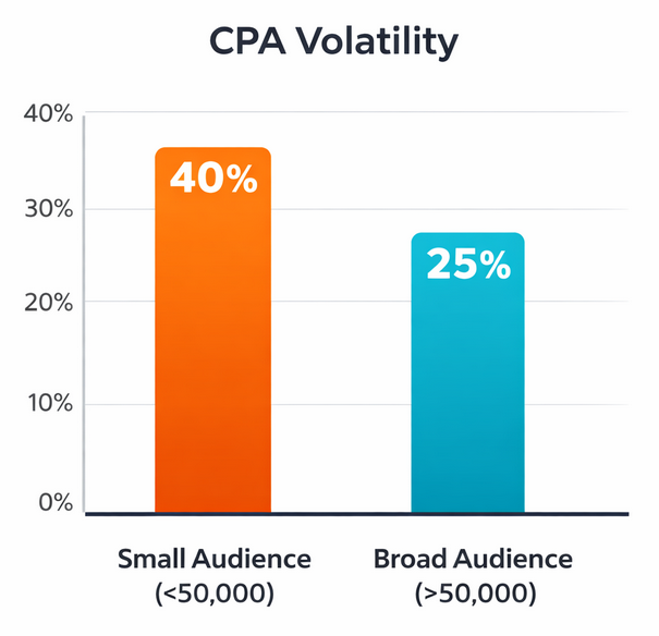 Bar chart showing CPA volatility for small audiences (~40%) versus broad audiences (~25%) indicating higher variance for smaller audiences