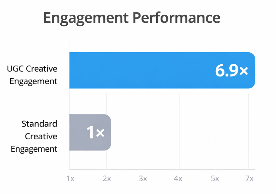 Bar chart showing UGC creatives achieving 6.9&times; higher engagement than standard ad formats