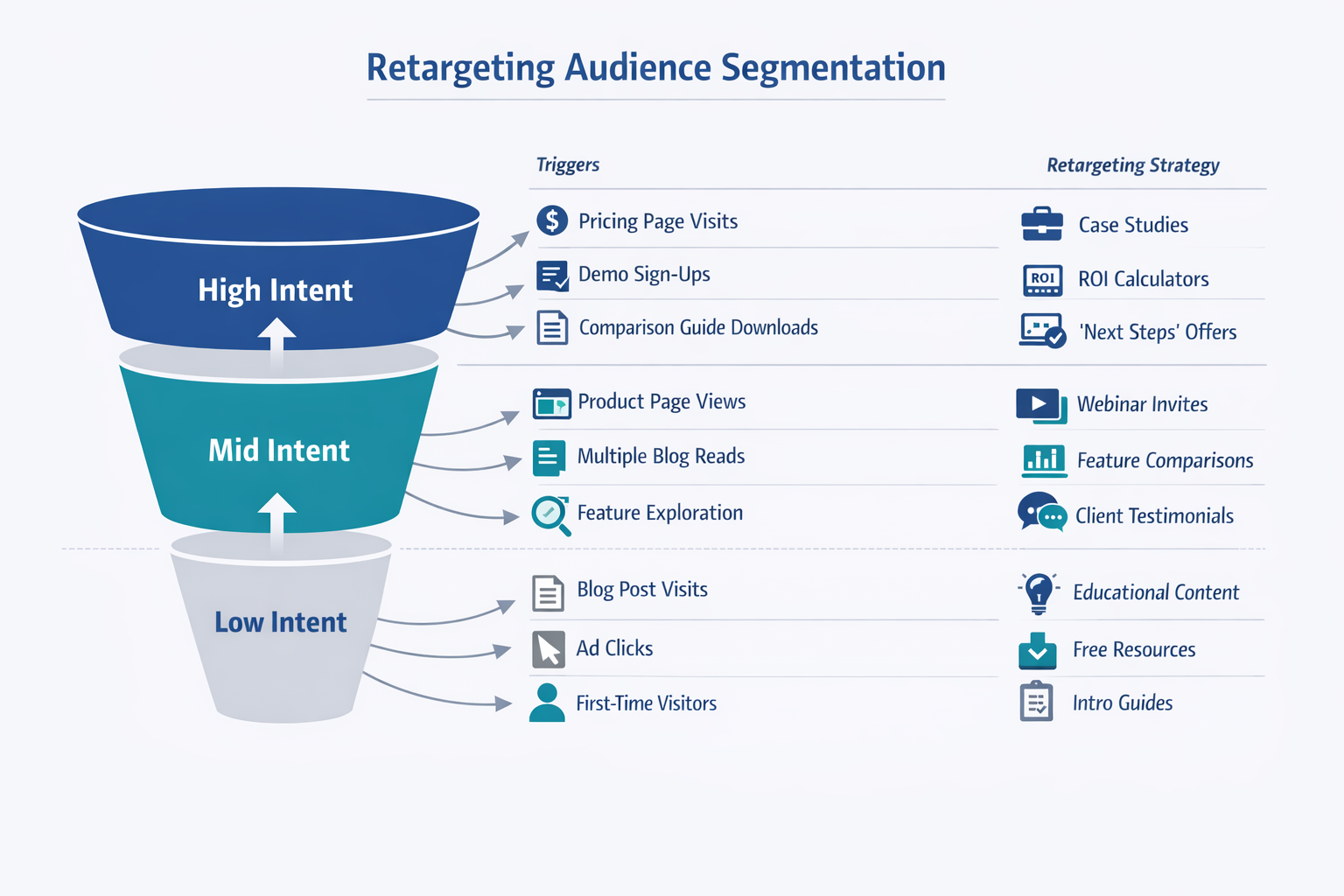 B2B retargeting funnel infographic showing low, mid, and high intent audience segmentation with triggers and ad strategies.