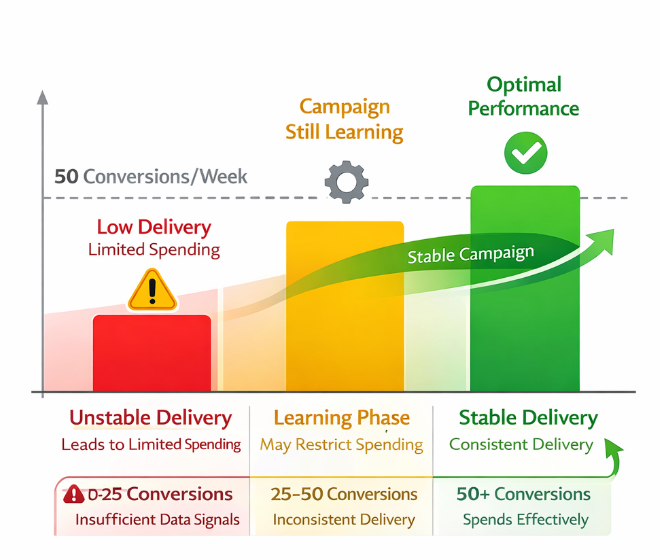Bar chart showing campaign stability levels based on weekly conversion volume, with stability improving significantly after 50 conversions per week
