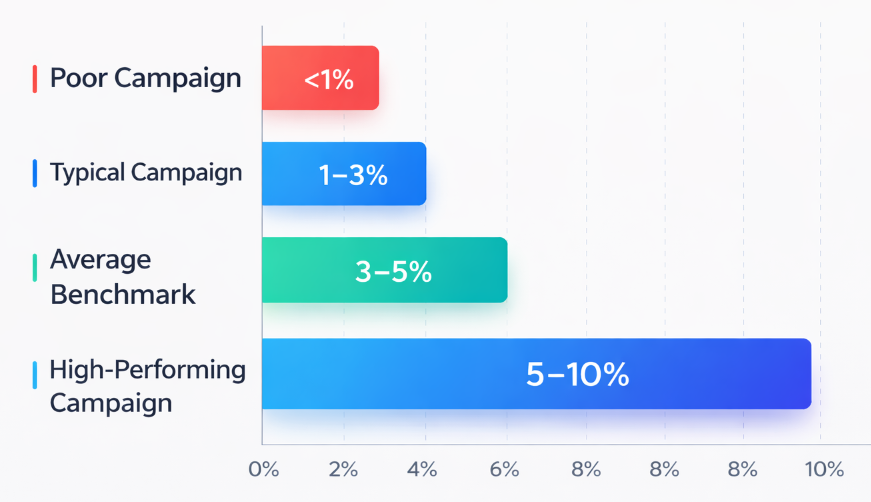 Bar chart showing typical B2B cold email response rate benchmarks, ranging from under 1% for poor campaigns to 5–10% for high-performing outreach.