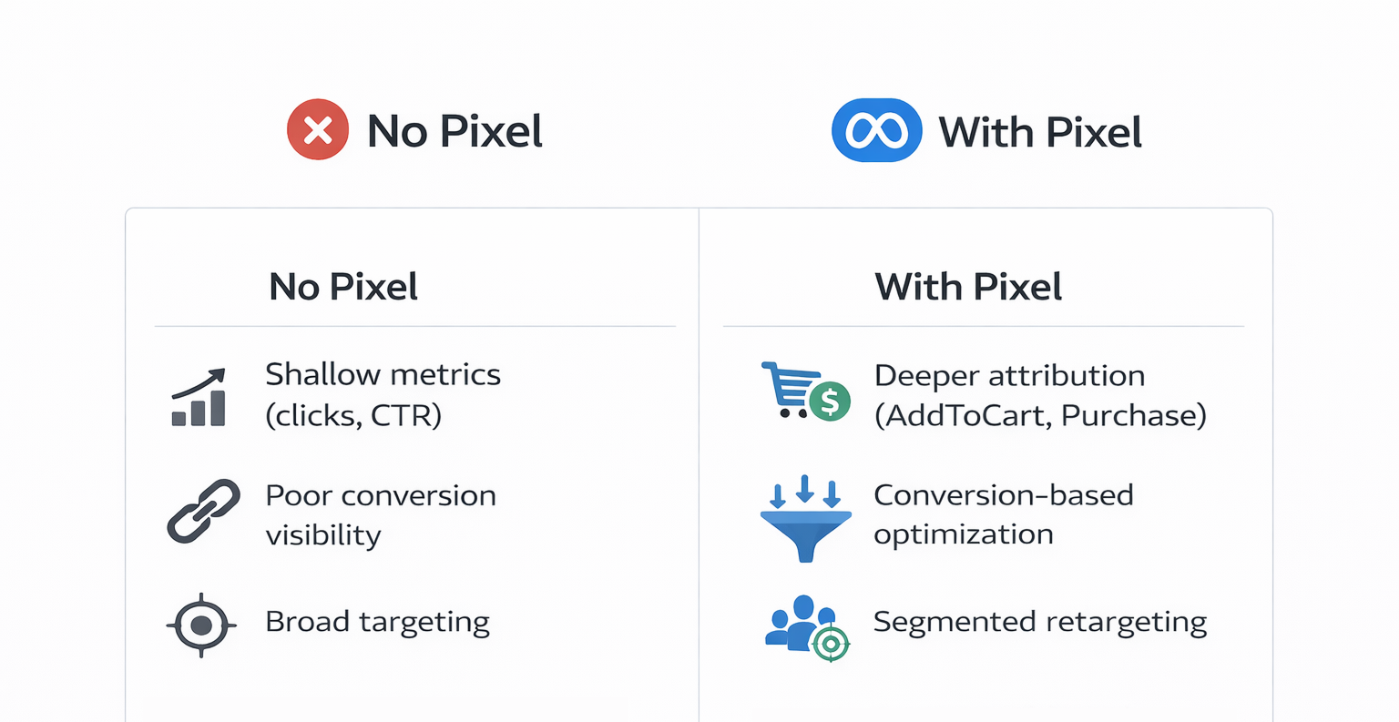 Side-by-side comparison of ad campaigns with and without Meta Pixel, highlighting differences in metrics, targeting, and optimization.
