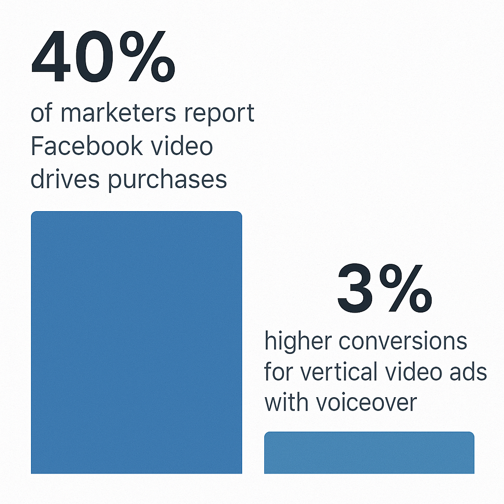 Bar chart comparing 40% of marketers reporting Facebook video drives purchases with 3% higher conversions for vertical video ads with voiceover