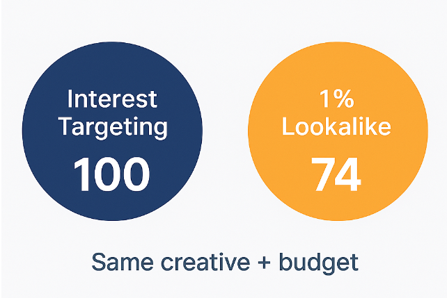 Graphic comparing interest-based targeting (baseline) with 1% lookalike audience: lookalike delivers 26% lower cost-per-acquisition when creative and budget are identical