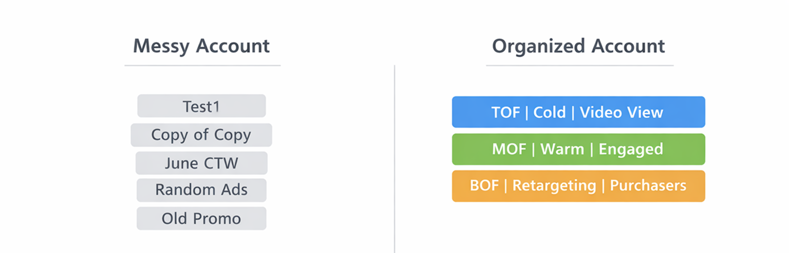Comparison of messy versus well-structured Facebook ad account layouts showing chaotic campaigns versus a clear funnel setup.