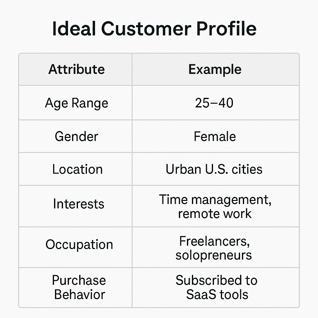 Ideal Customer Profile table with attributes and examples, including age range, gender, location, interests, occupation, and purchase behavior