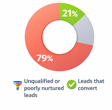 Donut chart showing that 79% of leads do not convert into sales due to poor qualification and nurturing