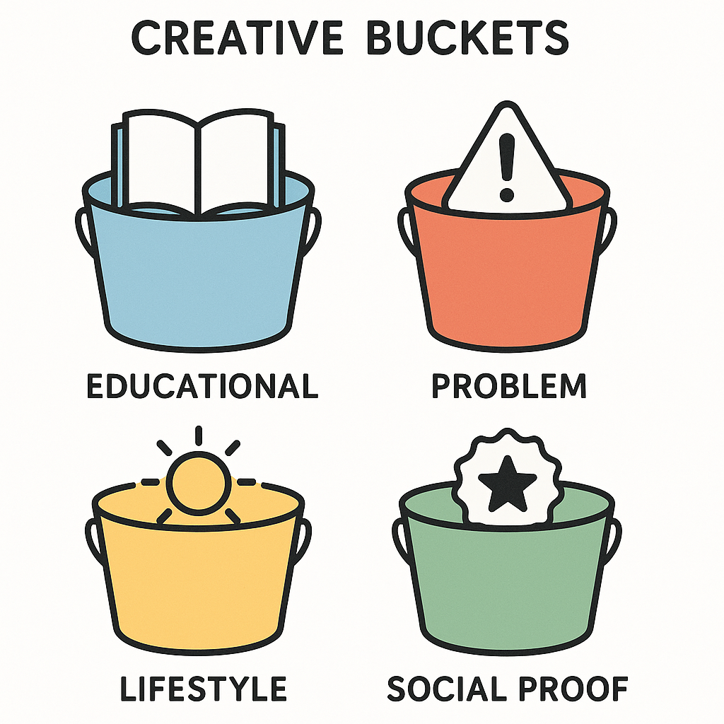 Grid of four creative buckets illustrating Educational, Problem, Lifestyle, and Social Proof themes
