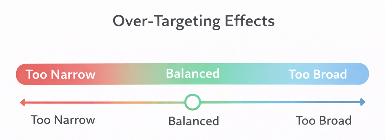 Targeting spectrum chart showing CPM, reach, and learning phase effectiveness from narrow to broad Instagram ad targeting