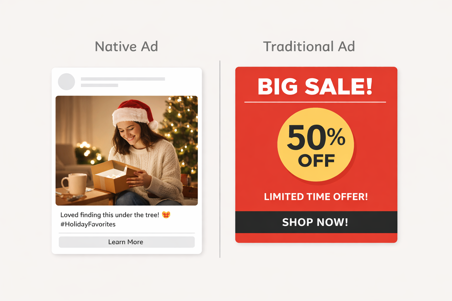Side-by-side comparison showing a native-style holiday ad versus a traditional hard-sell sale banner.