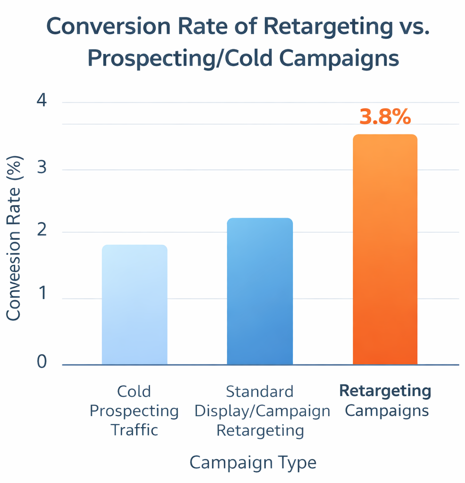 Bar chart comparing conversion rates of cold prospecting traffic versus retargeting campaigns, showing retargeting with a higher percentage