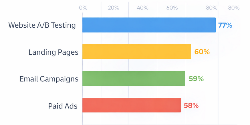Bar chart showing adoption rates of A/B testing: 77% on websites, 60% on landing pages, 59% in email, and 58% for paid ads