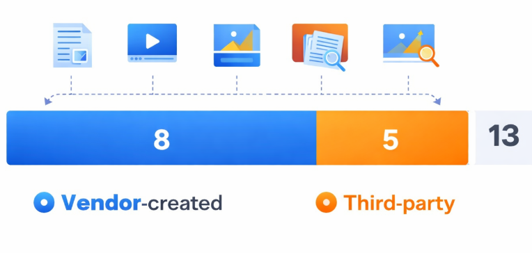 Stacked bar chart showing 13 total buyer touches — 8 vendor-created and 5 third-party content interactions before engagement