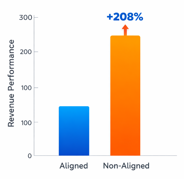 Bar chart comparing revenue for companies with aligned sales and marketing showing 208% higher marketing revenue compared to non-aligned companies
