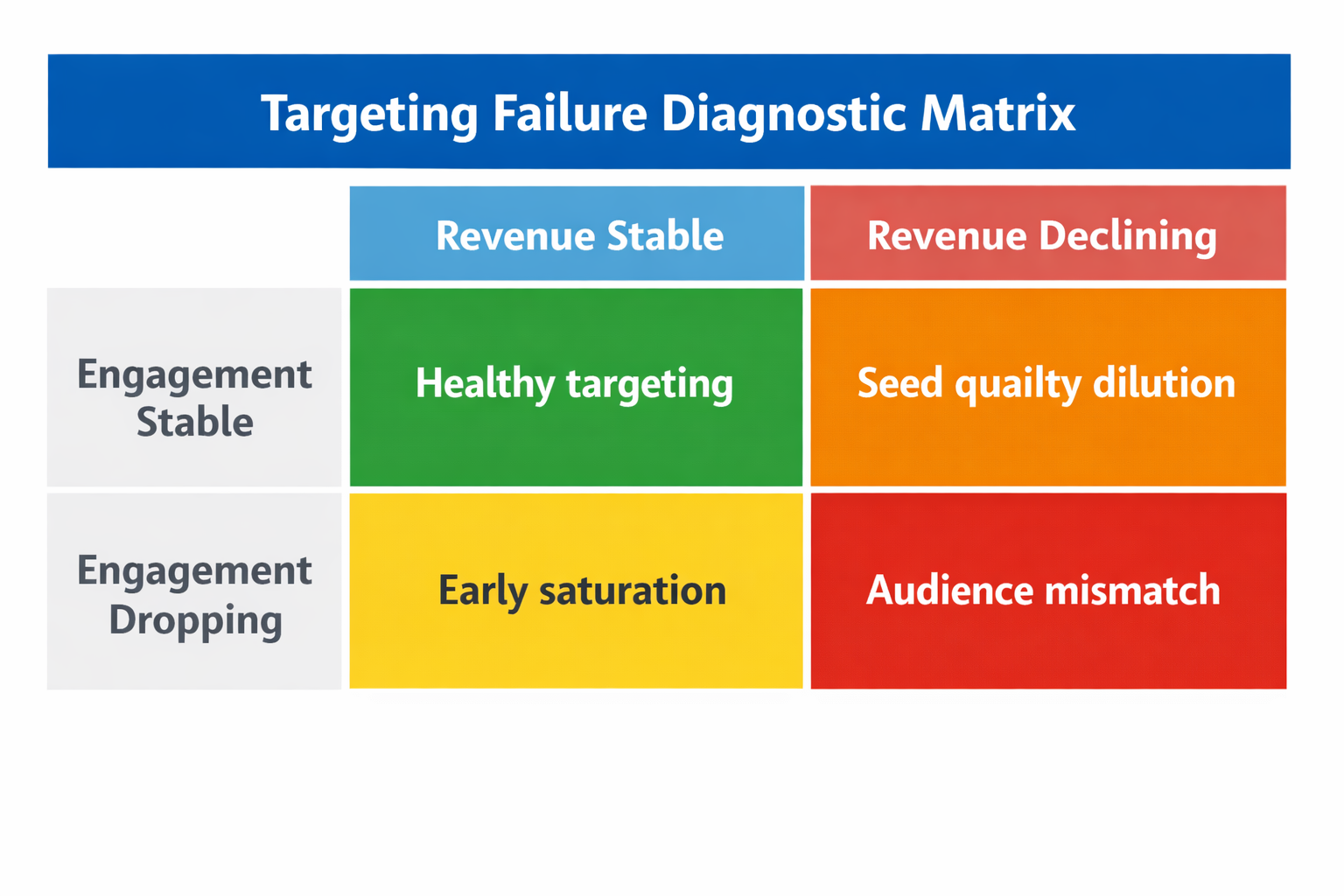 2&times;2 matrix showing engagement trends vs revenue impact to diagnose Facebook Ads targeting issues.