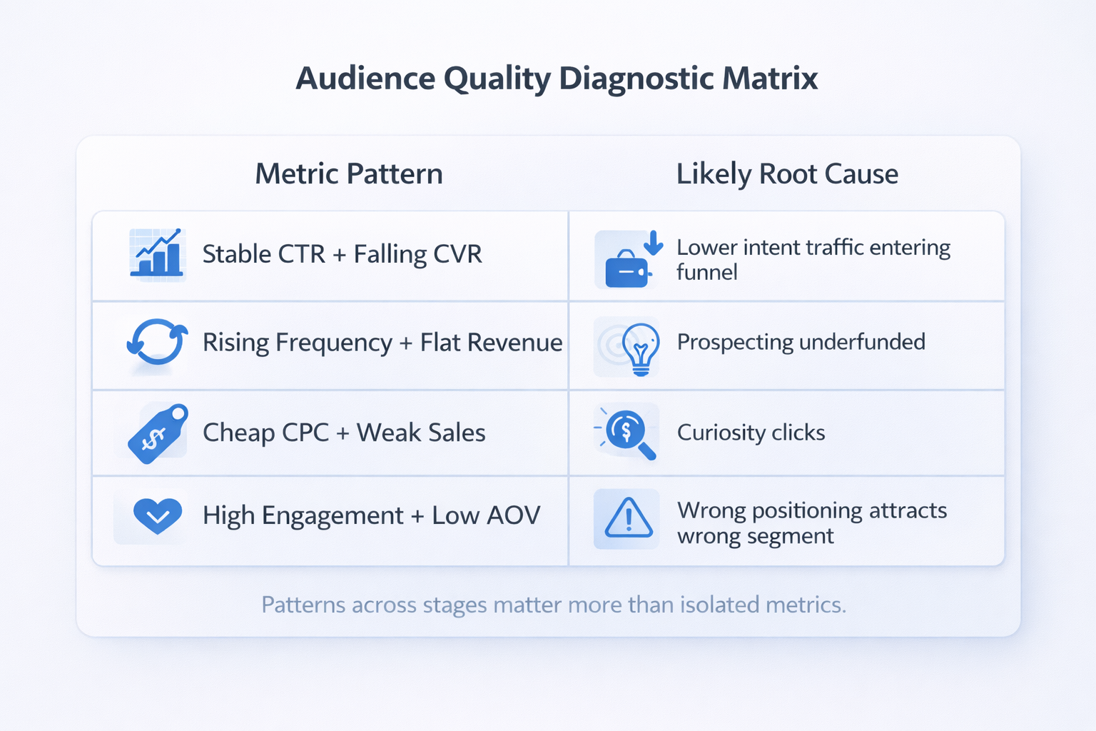 2&times;2 diagnostic table linking Facebook ad metric patterns to likely root causes across funnel stages.