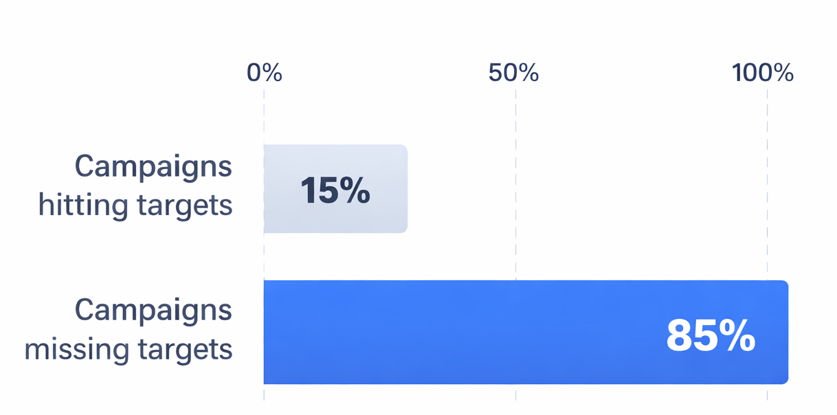 Bar chart showing 85% of campaigns miss targets vs 15% hitting targets