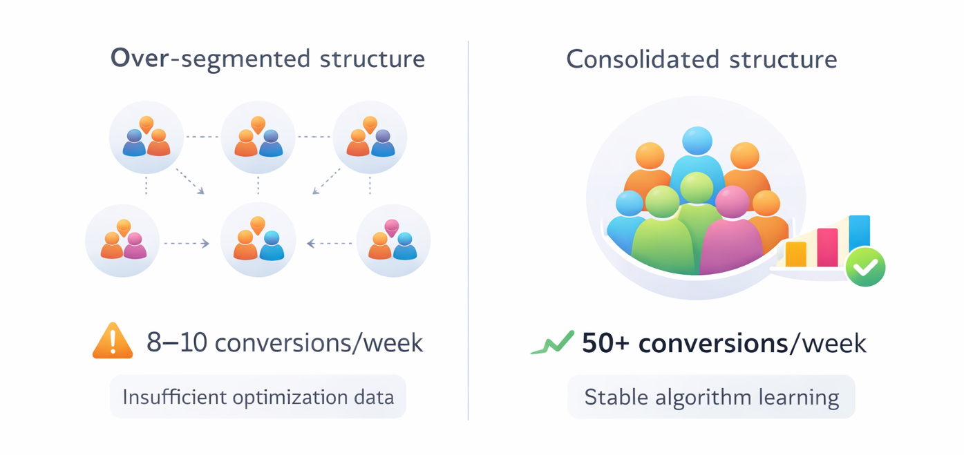 Chart illustrating that advertising algorithms typically require about 50 conversions per week per audience segment to optimize effectively, showing how fragmented audiences reduce data volume