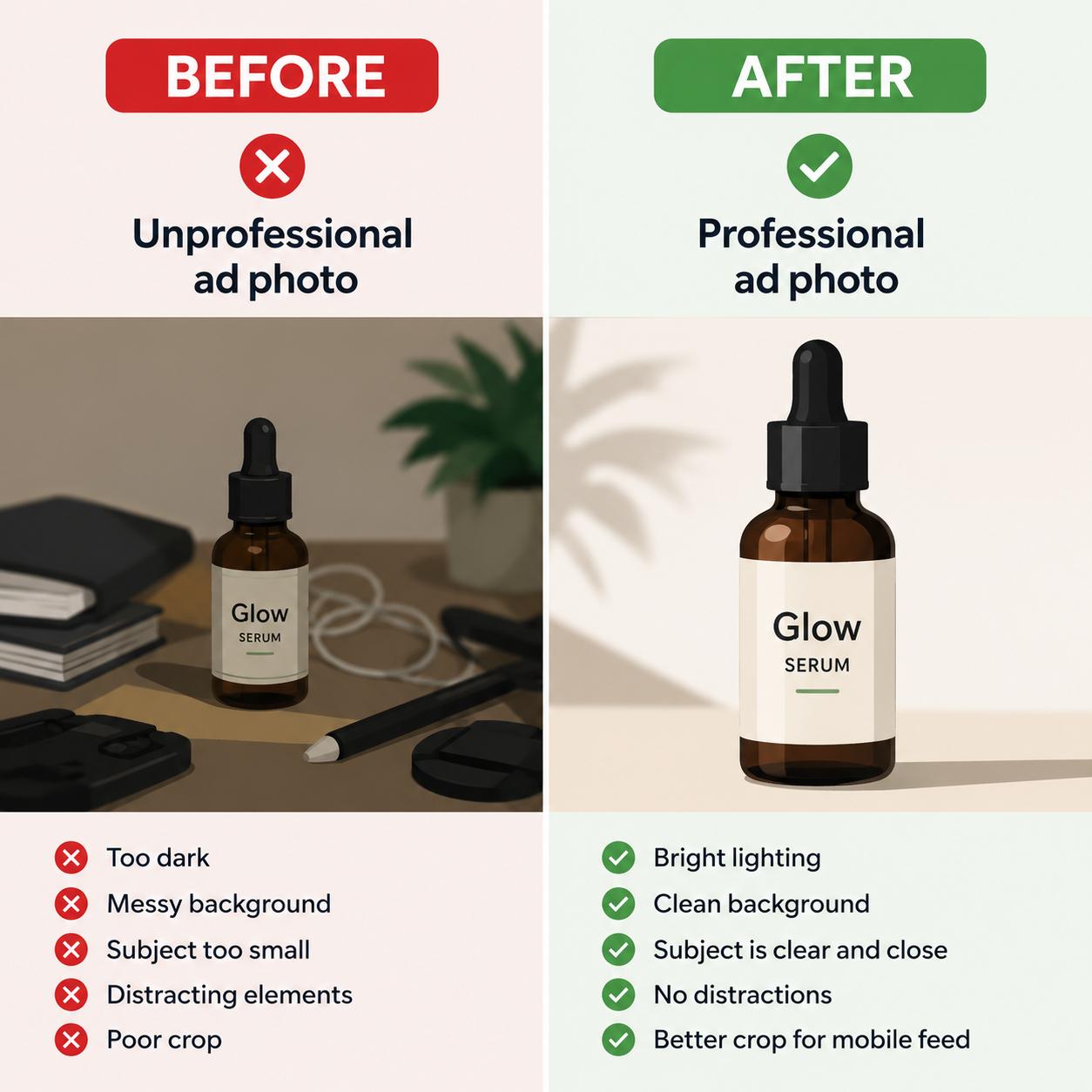 2D before-and-after graphic showing a messy dark ad photo versus a clean professional ad photo.