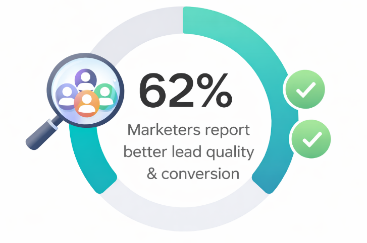 Graphic showing a circular gauge filled to 62% with icons representing improved lead quality and conversion using intent data