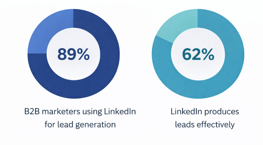 Two donut charts showing that 89% of B2B marketers use LinkedIn for lead generation and 62% report it produces leads effectively