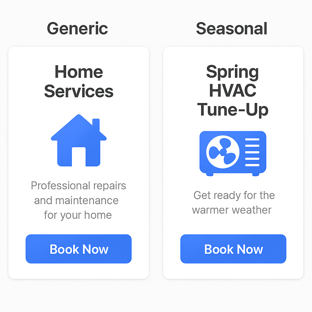 Side-by-side Facebook ad mockups showing a generic home services ad and a time-sensitive Spring HVAC tune-up version.