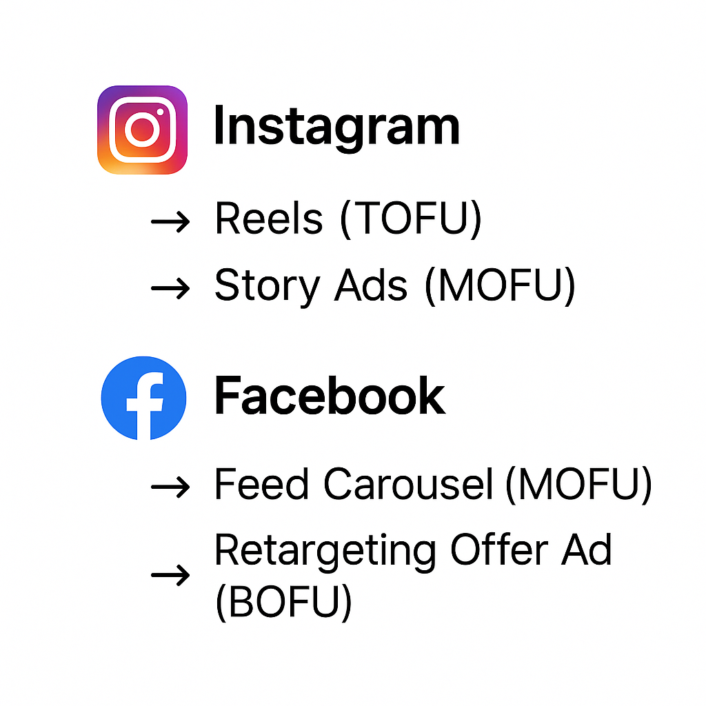 List showing Instagram and Facebook ad types by funnel stage: Instagram with Reels (TOFU) and Story Ads (MOFU); Facebook with Feed Carousel (MOFU) and Retargeting Offer Ad (BOFU)