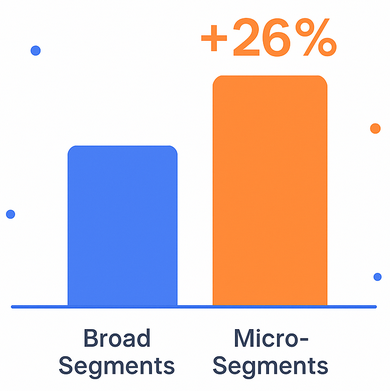 A bar chart showing micro-segmentation outperforming broad segments by 26% in conversion rate