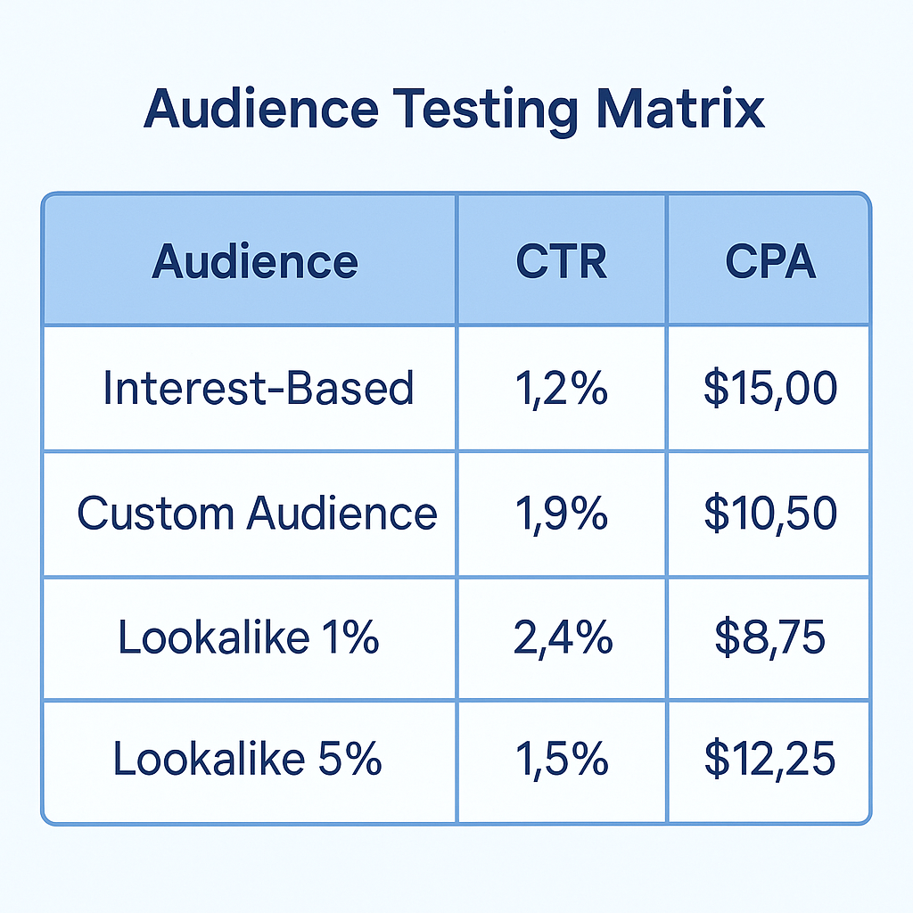 2D illustration showing a table comparing Facebook audiences by CTR and CPA values