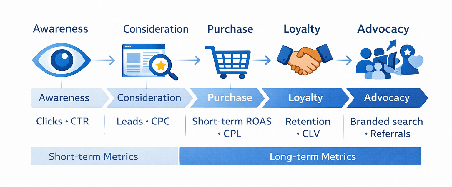 Customer journey timeline with icons for Awareness to Advocacy and metrics like CTR, ROAS, and CLV split into short- and long-term.
