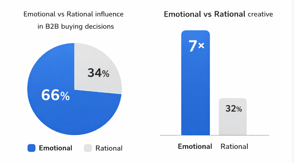 Pie charts showing 66% emotional vs 34% rational influence in B2B buying decisions and a comparative bar showing emotional creative is seven times more effective