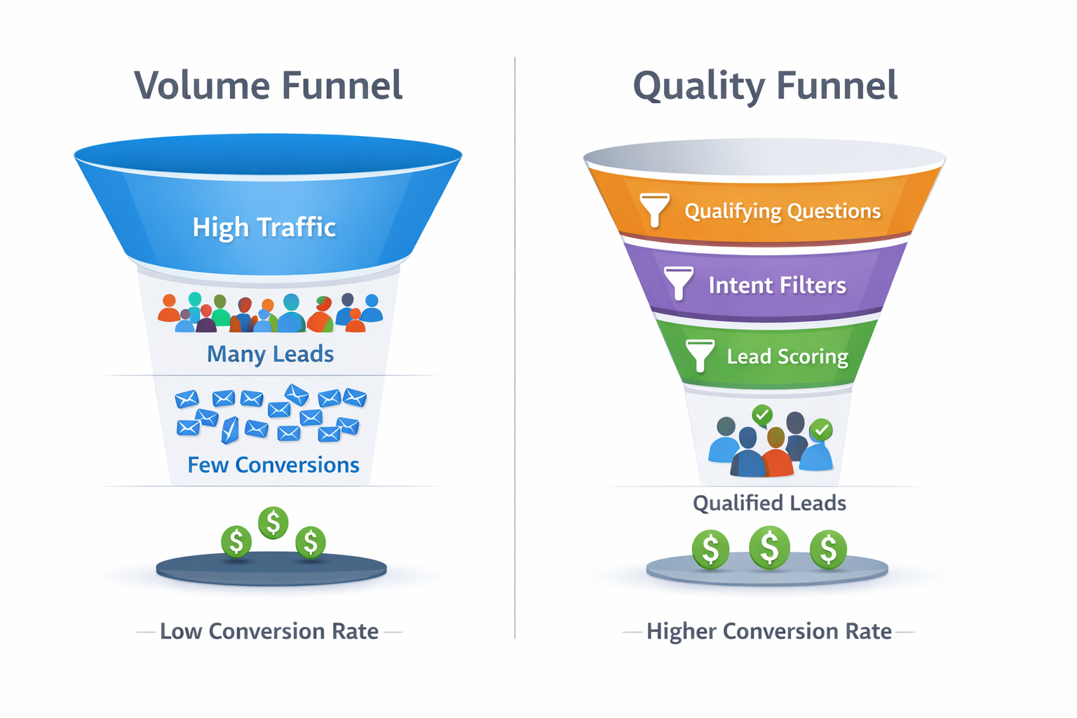 Comparison of a Volume Funnel vs. a Quality Funnel showing the difference between high traffic with low conversions and filtered leads with higher conversion rates.