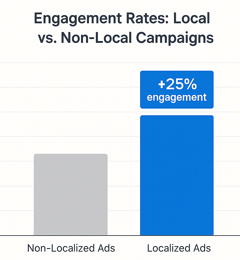 Vertical column chart comparing engagement rates between non-localized and localized Facebook ad campaigns, showing a 25% higher engagement for localized ads