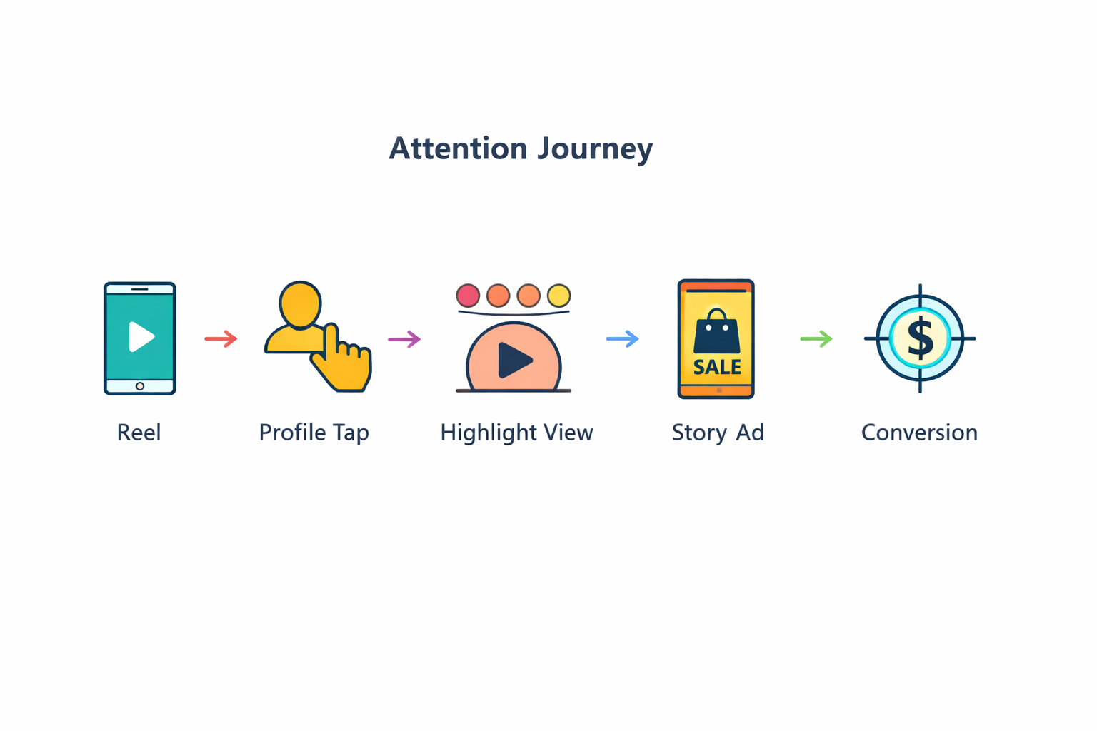 Social media attention journey flowchart showing user path from Reel to conversion