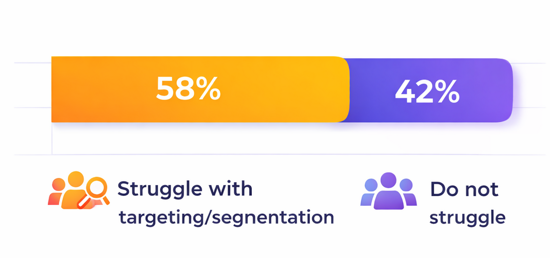 A bar chart showing that 58% of marketers struggle with audience targeting or segmentation compared to 42% who do not