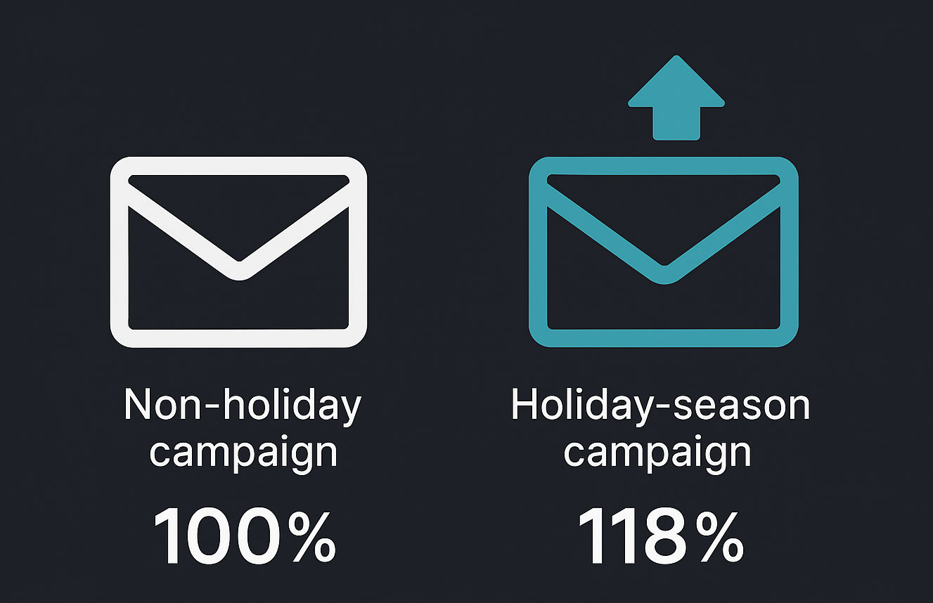 Infographic comparing email open rate: non-holiday baseline 100% vs holiday campaign 118%
