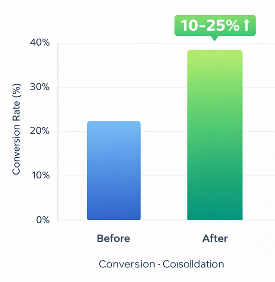 Column chart showing an increase in conversion rate by 10&ndash;25% after audience consolidation