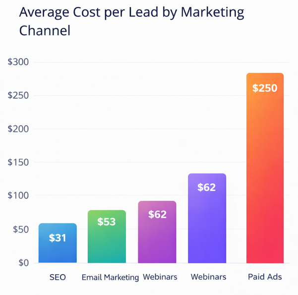 Clustered bar chart comparing average cost per lead by marketing channel such as SEO, email marketing, and webinars