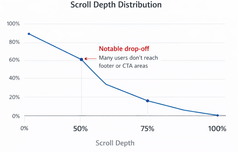 Line graph of scroll depth percentages showing user engagement diminishing at 25%, 50%, 75%, and 100% depths