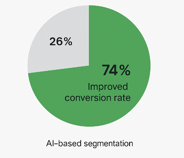 Pie chart showing 74 % of marketers using AI for segmentation experienced improved conversion rates