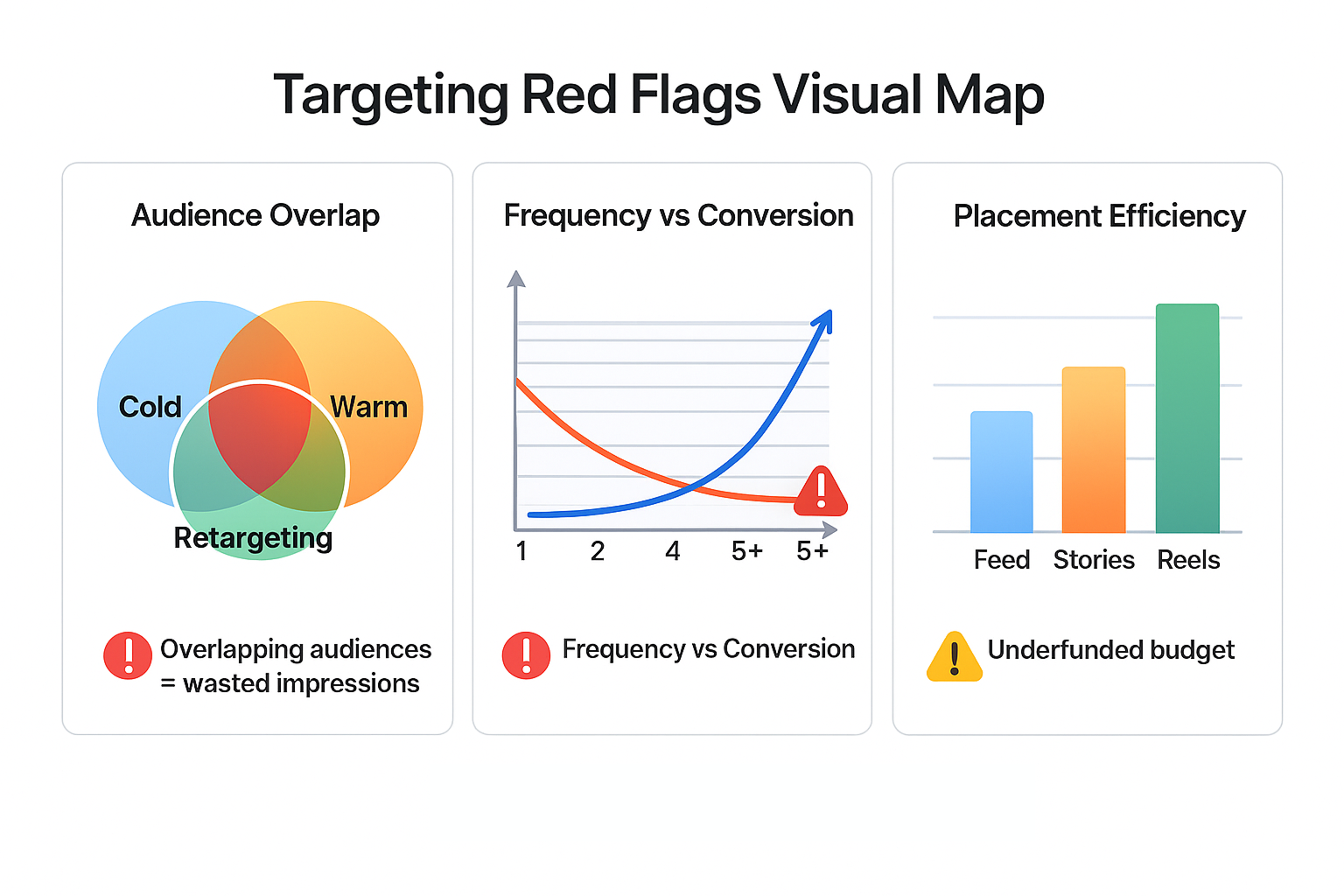 Infographic showing three targeting issues—audience overlap, high frequency vs. low conversions, and underfunded high-performing placements like Stories and Reels.