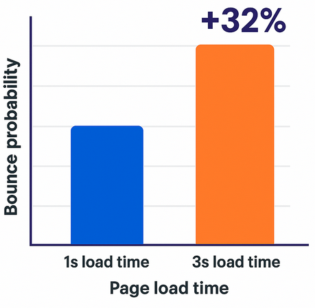 Bar chart comparing bounce probability: low bounce at 1 second page load vs 32% higher bounce at 3 second load time