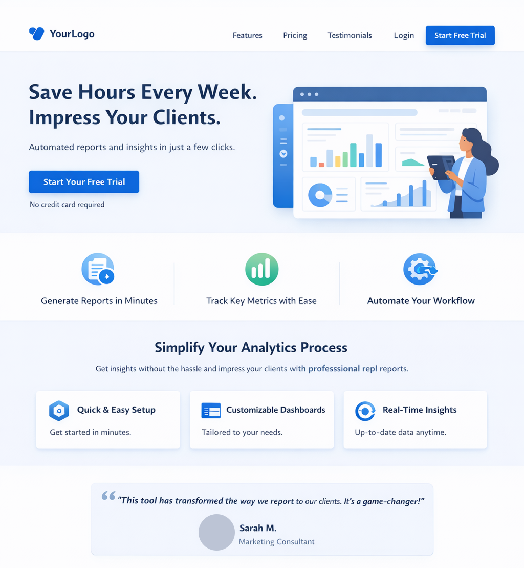 Clean SaaS landing page mockup with clear CTA, modern icons, and client testimonial section