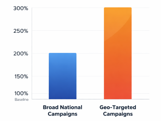 Bar chart showing that geo-targeted marketing delivers 2 to 3 times higher ROI than broad national marketing