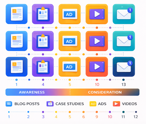 Chart showing that B2B buyers interact with around 13 pieces of content before contacting a company