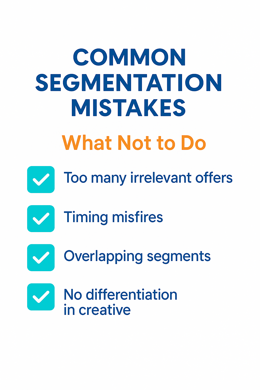 Colorful checklist graphic showing common segmentation mistakes in upselling, including timing misfires and irrelevant offers.