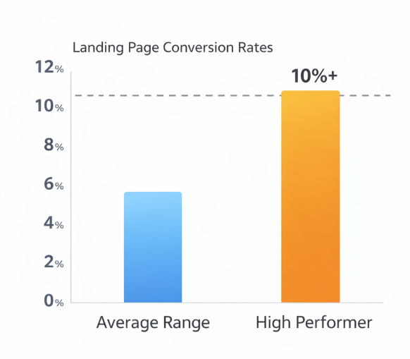 Bar chart comparing average landing page conversion rates (about 2.35&ndash;4.14%) to high-performing pages above 10%