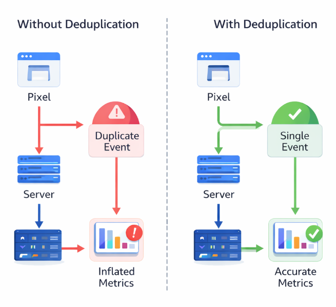 Diagram showing how duplicate events from pixel and server tracking inflate conversions without deduplication and how merging them ensures accurate data