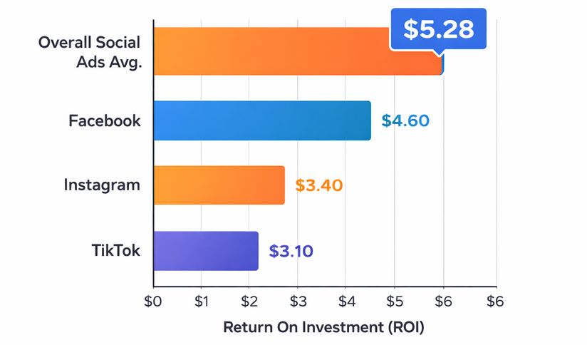 Bar chart showing average ROI of $5.28 for paid social advertising campaigns compared to other platform averages