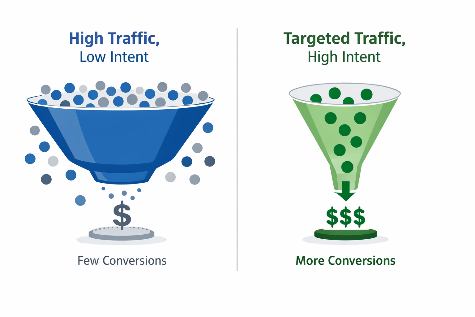 Audience funnel comparison showing high traffic with low intent versus targeted traffic with higher conversions.